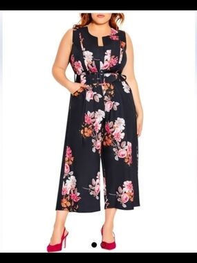City Chic SzM/18 Floral Black Sleeveless Wide-Leg Jumpsuit with Belt